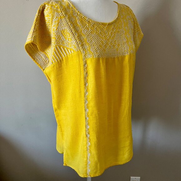 Lucky Brand Yellow with White Embroidery Button Back Top M - Picture 3 of 6